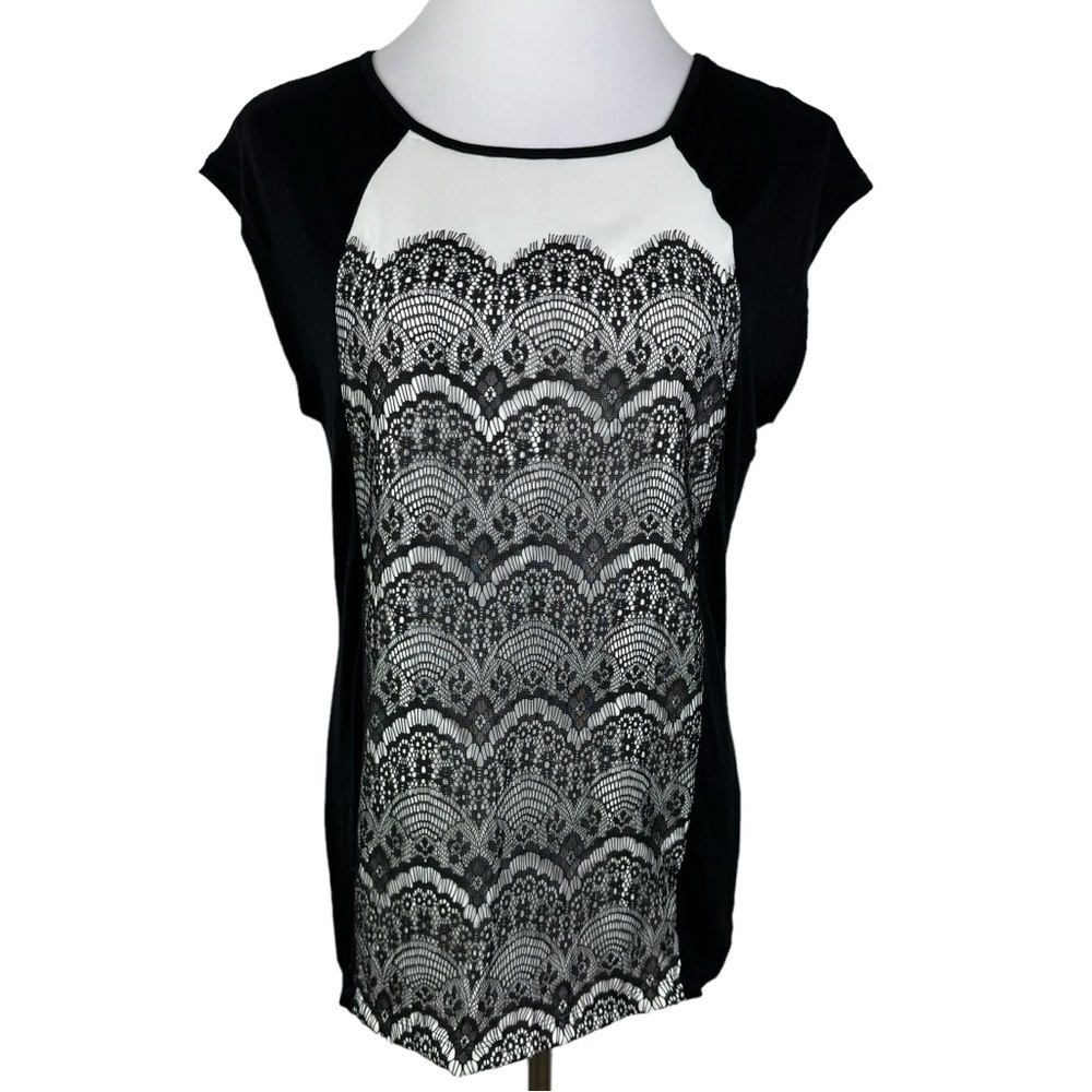 Saks Fifth Avenue Black Label‎ Black Lace Overlay Blouse Women's Medium Black
